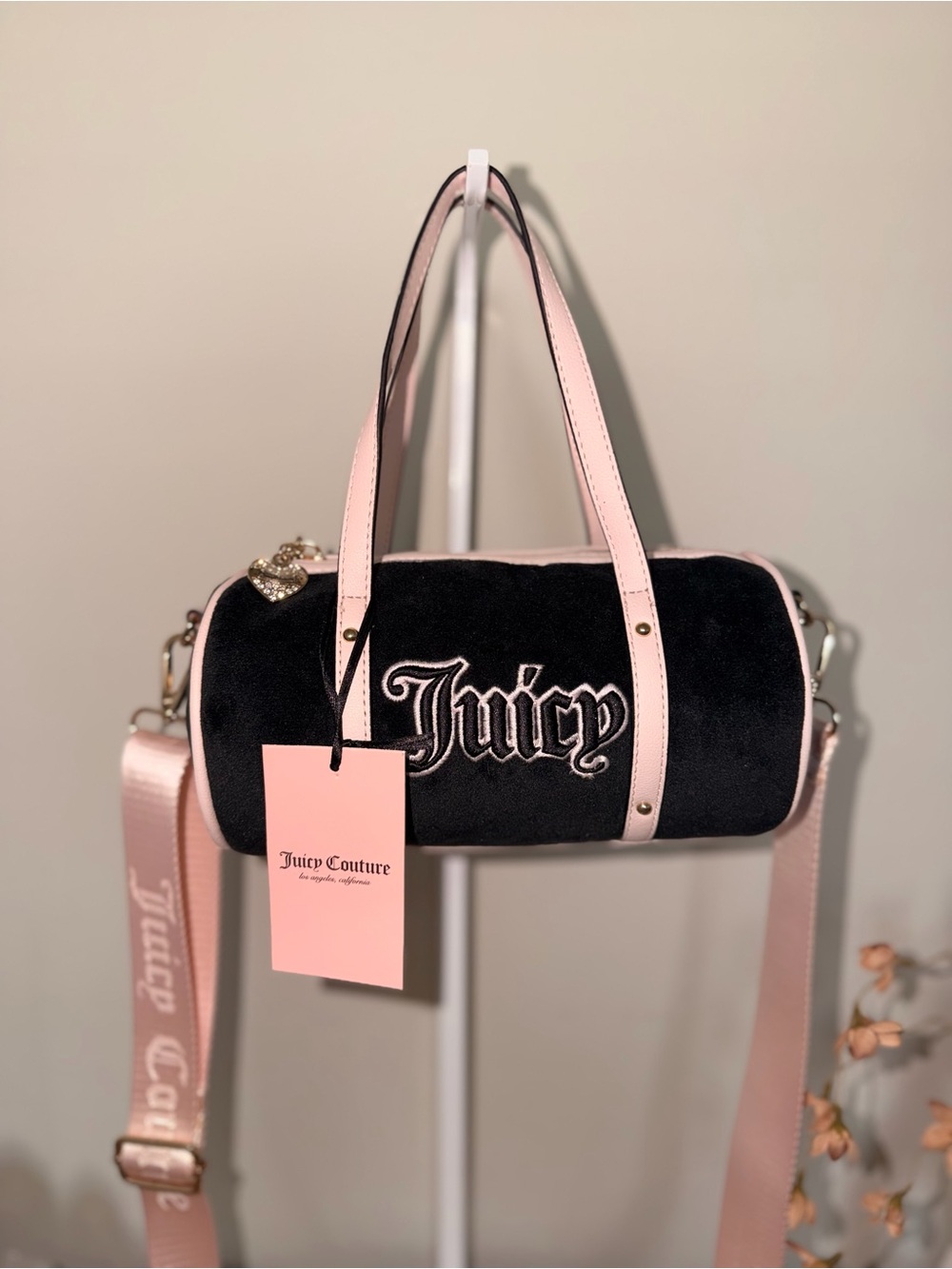 Juicy Couture Black and Pink Barrel Bag with Embroidered Logo